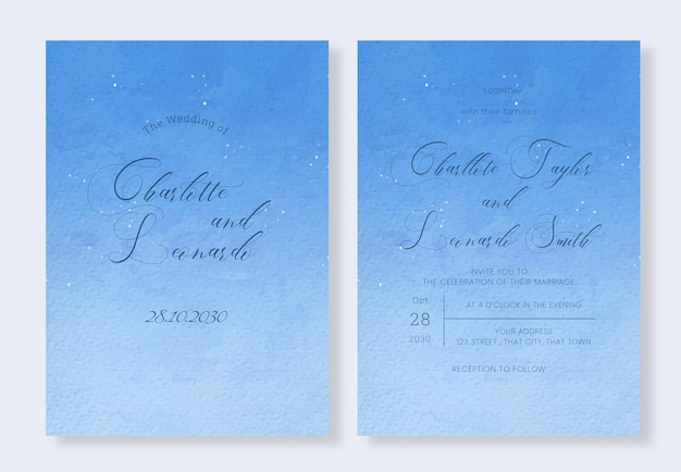 Set of wedding invitations with watercolor whimsical blue sky for elegant stylish celebrations