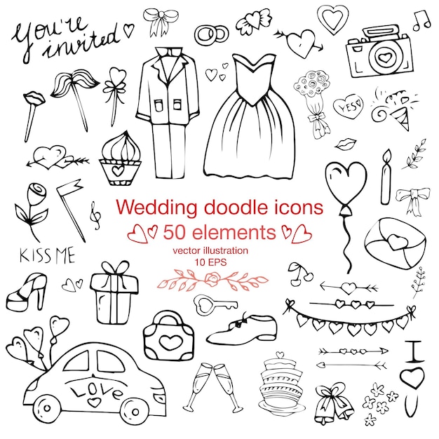 Vector set of wedding items, engagement and honeymoon travel items.