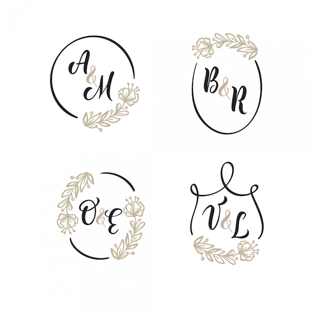 Set di matrimonio logo golden wreath background. cornici floreali facili da modificare