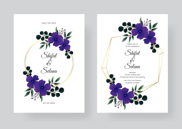 Set of wedding watercolor invitation with blue splash and beautiful leaves