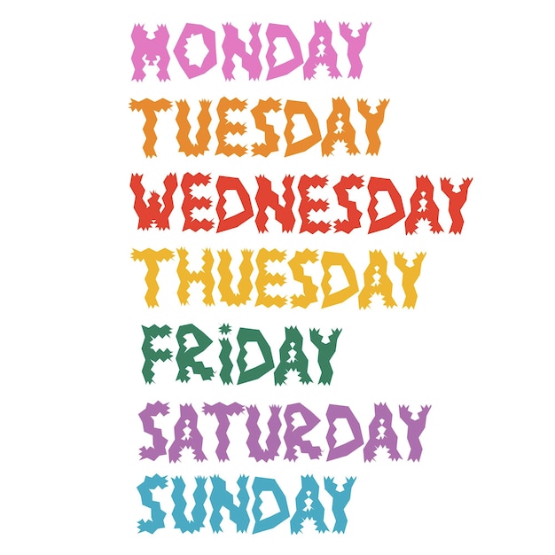 Days Of The Week: Sunday, Monday, Tuesday, Wednesday, Thursday, Friday,  Saturday Royalty Free SVG, Cliparts, Vetores, e Ilustrações Stock. Image  68894006.