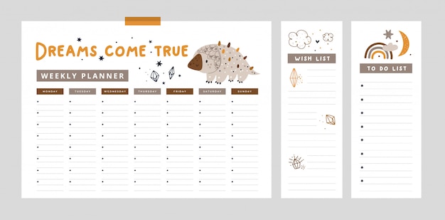 Vector set of weekly planner, to do list with cute baby dinosaur, rainbow