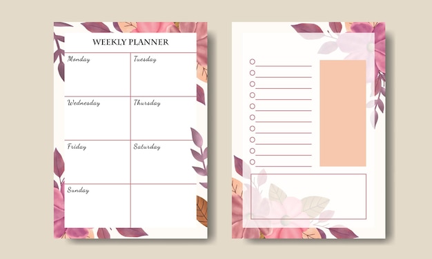 Vector set of weekly planner to do list with hand drawn pink flowers bouquet background