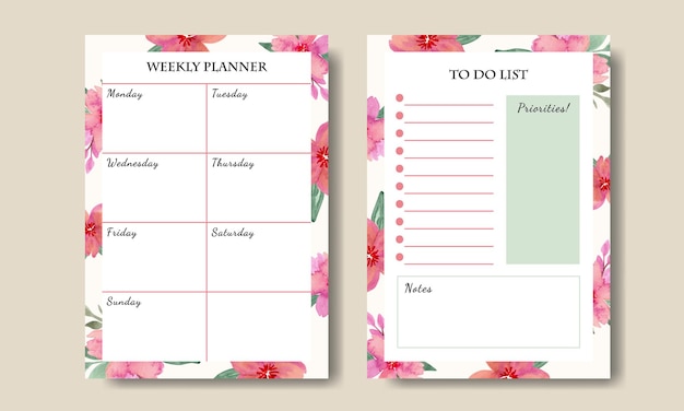 Set of Weekly Planner To Do List with Watercolor Florals Pink Bouquet Template Printable