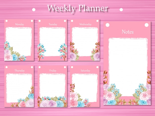 Set of weekly planner with gorgeous purple and blue flowers