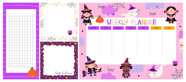 set of weekly planners with cute cartoon characters of ghost skeleton witch pumpkinsHappy Hall