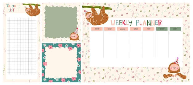 set of weekly planners with cute Sloth Kids schedule of classes Notes and to do list Memo pages w