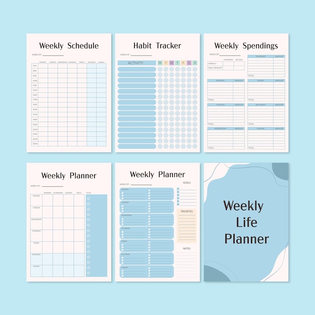 Set weekplanners voor leven en bedrijfAfdrukbare plannervellen A4