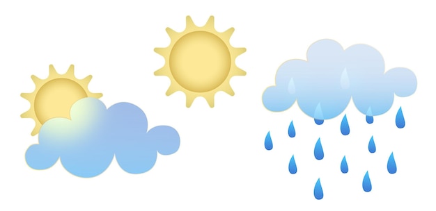 Set weerpictogrammen Glassmorphism-stijlsymbolen voor meteoprognose-app Elementen Geïsoleerd op witte achtergrond Dag en nacht zomer lente herfst seizoen zingt Zon regenwolken Vector illustraties