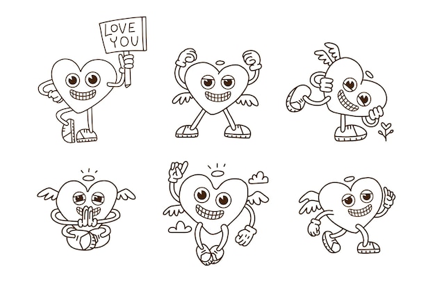 Set of weird valentine day hearts mascot characters different retro vintage crazy face expressions t