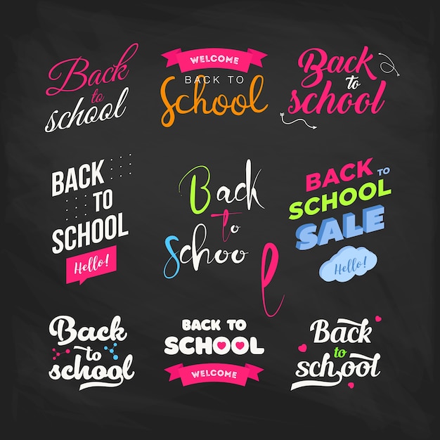 Vector set of welcome back to school labels on a chalkboard