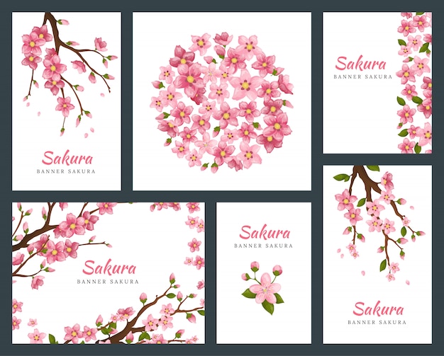 Set wenskaarten, banners en uitnodigingskaart met bloesem sakura bloemen. bloeiende bloemen illustratie bruiloft uitnodiging sjabloon