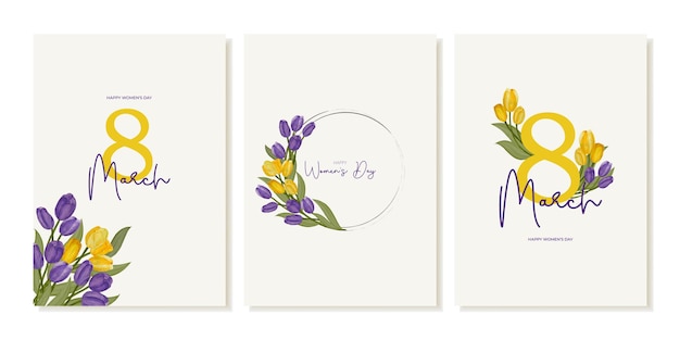 Set wenskaarten voor Internationale Vrouwendag 8 maart met gele en paarse aquareltulpen