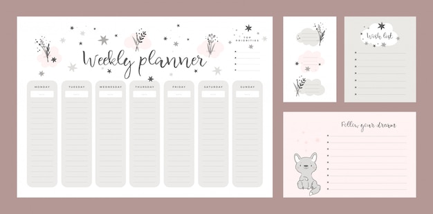 Vector set wenslijstsjabloon, stickerboek, wekelijkse plannerpagina