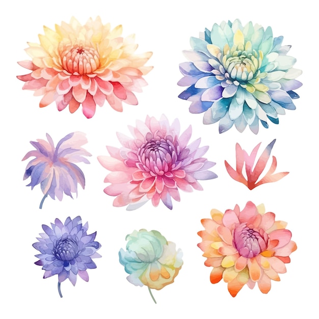 Set of whimsical and colorful watercolor clip art images of Japanese Chrysanthemum shapes crystal