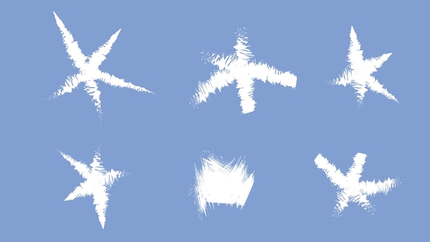 Vector set of white artistic five pointed stars in brush strokes isolated clipart for decoration