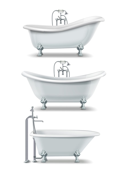 Vettore set di vasche da bagno bianche di stile clawfoot con elementi dorati. vasca con bordo classico, pantofola e vasche a doppia estremità, isolate su sfondo bianco