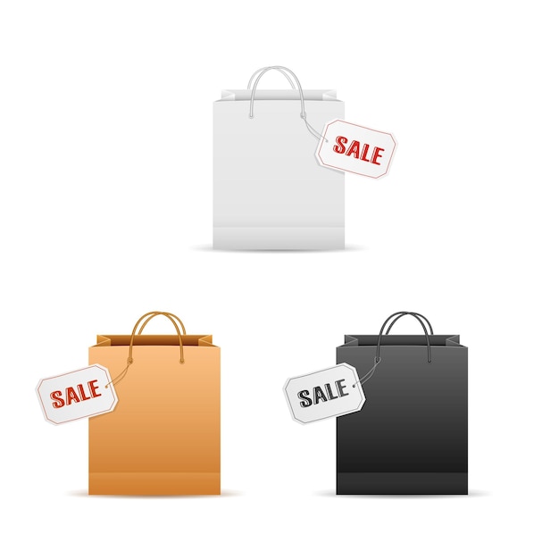 Set of white black and brown paper shopping bags with sale label paper shopping bags with inscription the Sale on the label isolated on white background illustration