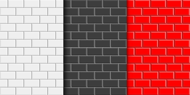 Vector set of white black and red subway wall textures ceramic tile or stone brick background