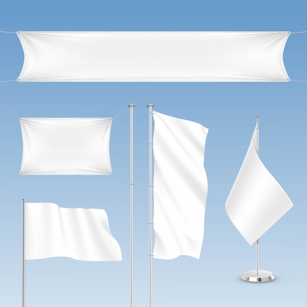 Set of white blank flags  on background