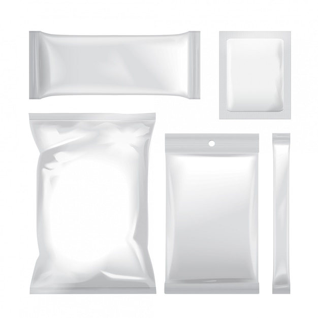 Vector set of white blank foil bag packaging for food, snack, coffee, cocoa, sweets, crackers, chips, nuts, sugar.  plastic pack