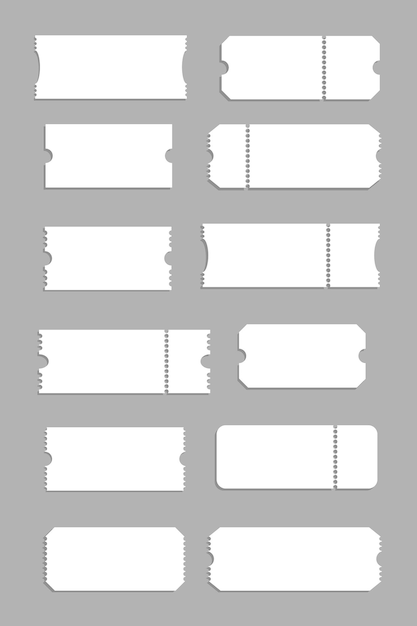 Набор шаблонов белых пустых билетов Лотерейные купоны на концертные билеты Векторный купон