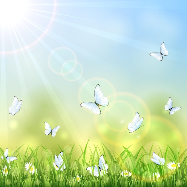 Set of white butterflies on sky background illustration