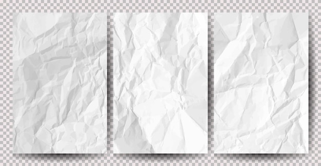 Set of white clean crumpled papers on transparent background Crumpled empty sheets of paper with shadow for posters and banners Vector illustration