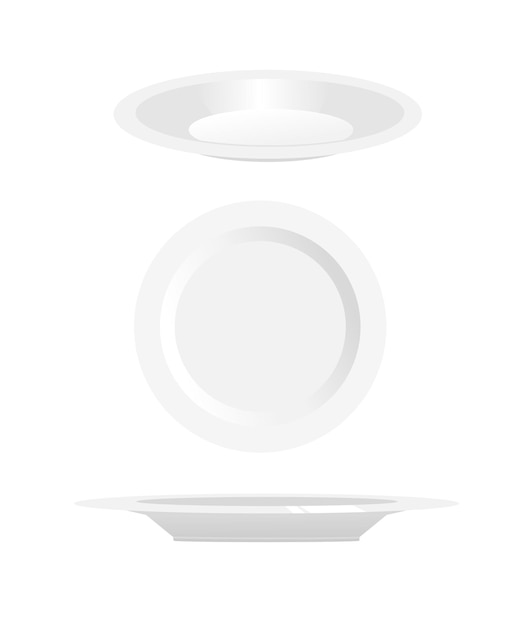 Vector set of white clean porcelain ceramic plates on every angle top side front illustration flat design