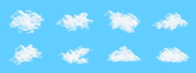 파란색 배경에 고립 된 흰 구름 세트 흰 구름 안개 또는 스모그 배경