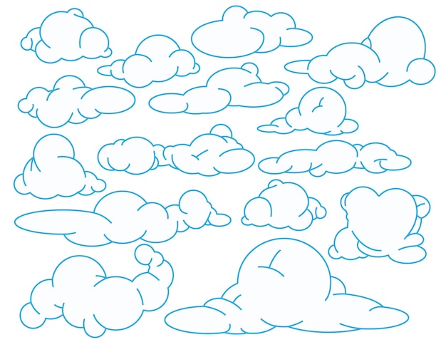 Set of white clouds with a blue line on a transparent background vector graphics design elements