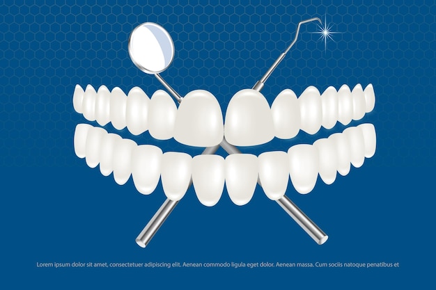 Vector a set of white dentures with a dental instrument the design concept of dentistry and orthodontics for medicines and toothpaste healthy oral hygiene prosthetics of the jaw veneers