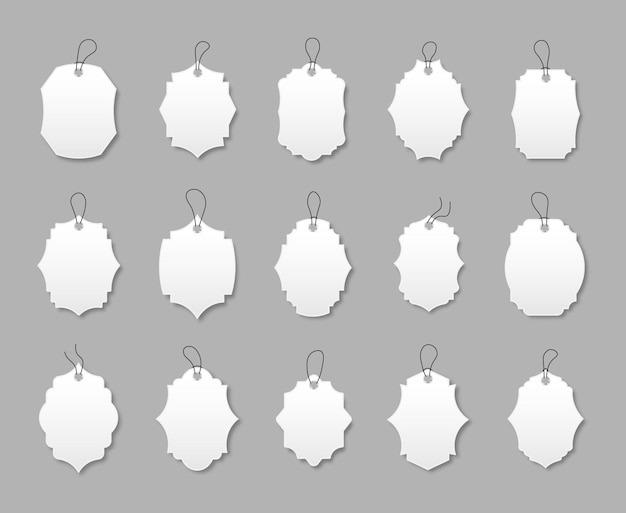 Set of white discount labels with various shape special offer labels with cord