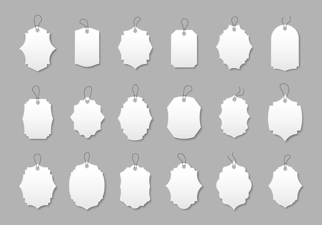 Vector set of white discount labels with various shape special offer labels with cord