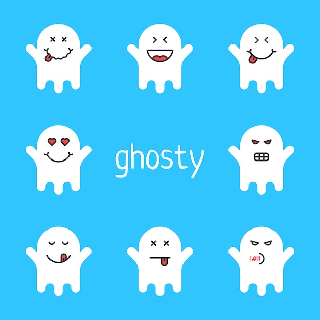 Set di fantasmi emoji bianchi su sfondo blu concetto di mostro spettrale o spettro in costume e semplice pacchetto di messaggi di social network stile piatto tendenza logo insolito o design avatar grafico