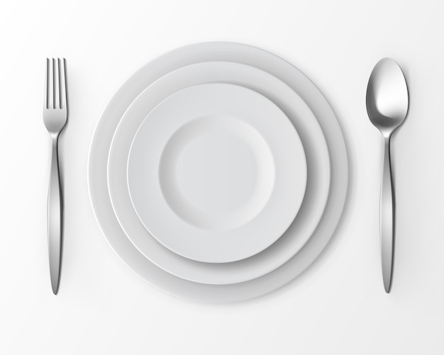 Vector set of white empty round plates with fork and spoon