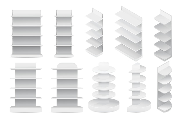 Vector set of white empty store shelves retail shelf rack showcase display empty market shop or store