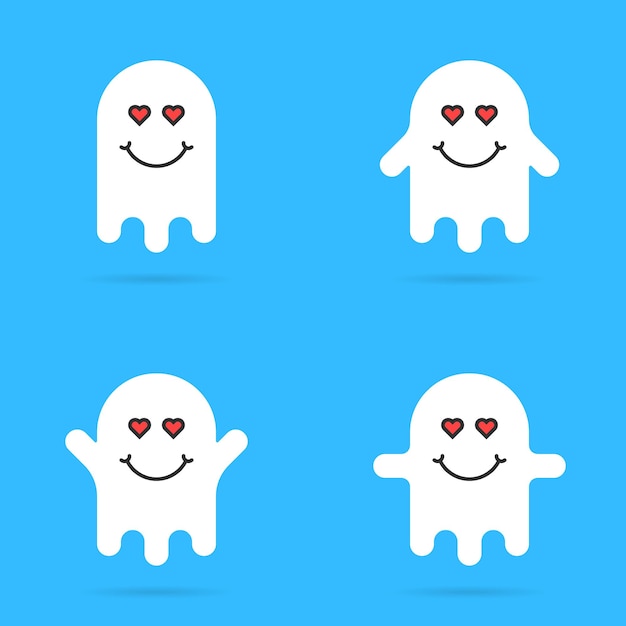 흰색에 매혹된 유령 이모티콘 세트입니다. 소름 끼치는 유령, 긍정적, 코믹, 으스스한, 떠다니는 환상, 마법, 망령, 느낌의 개념. 파란색 배경에 플랫 스타일 트렌드 현대 로고 타입 그래픽 아트 디자인