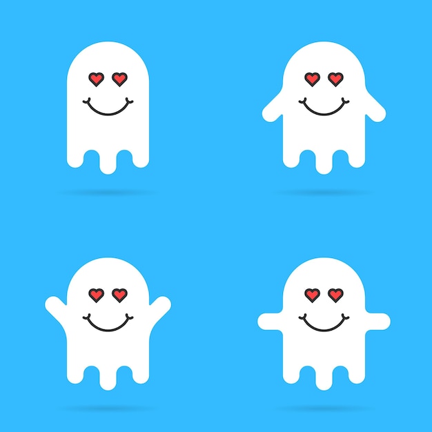 Set di emoji fantasma innamorato bianco. concetto di spettro raccapricciante, positivo, comico, spettrale, fantasma fluttuante, magia, fantasma, sentimento. stile piatto tendenza logotipo moderno design d'arte grafica su sfondo blu