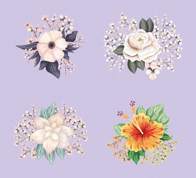 Vector set of white flowers with buds and leaves painting