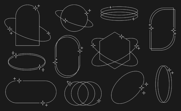 set of white geometric aesthetic abstract line frames and shapes with stars boho brutalism y2k