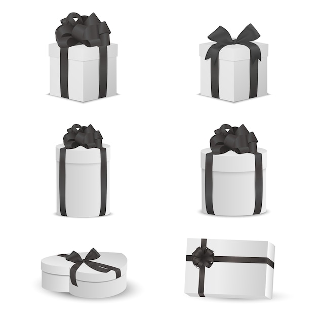 Set of white gift boxes with black bows and ribbons.