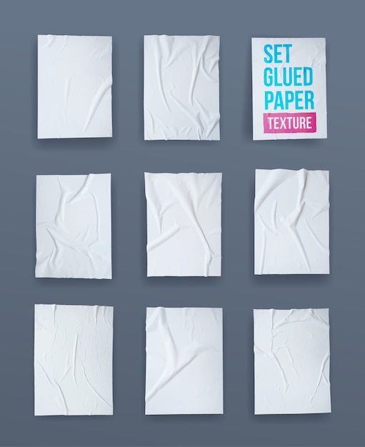 Vector set of white glued paper wrinkled effect.