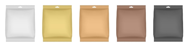 Vector set of white gold beige brown and black flow packs mockup of a sachet pouch with a hanging hole