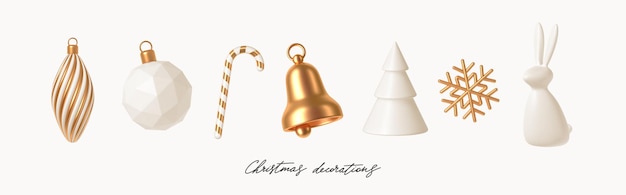 Set of white and gold realistic 3d render Christmas decorations