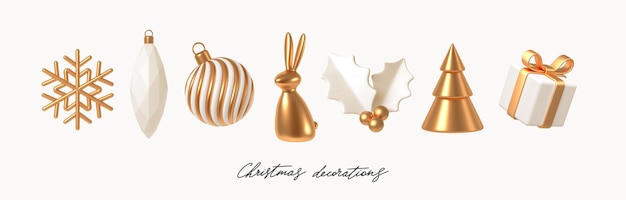 Set of white and gold realistic 3d render Christmas decorations