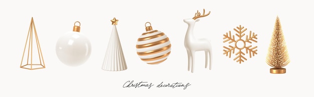 Vector set of white and gold realistic 3d render christmas decorations