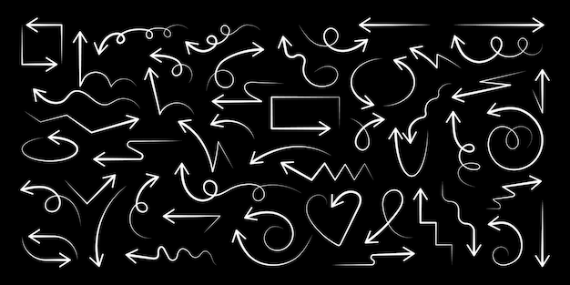 矢印付きの白い手描き線のセット 異なるスタイルの単純な矢印のコレクション