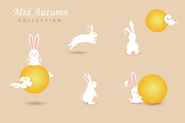 Set of white happy, cute moon rabbits with chinese clouds, full yellow moon.  Collection funny bunny.  illustration
