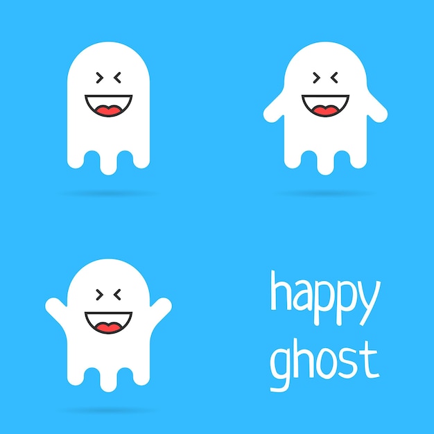 Set of white happy ghost emoji. concept of creepy specter, mad, positive, comic, spooky, floating phantasm, magic, wraith. flat style trend modern logotype graphic art design on blue background